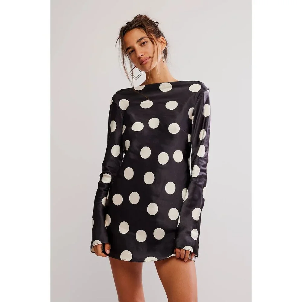 Free People Tigre Printed Mini Dress in Black Combo XSmall New Womens Satin Polk